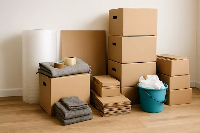 flyttkartonger och packmaterial prydligt organiserade inför flytt